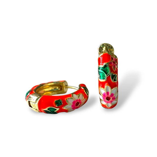 Turuncu Çiçekli Mineli Küpe