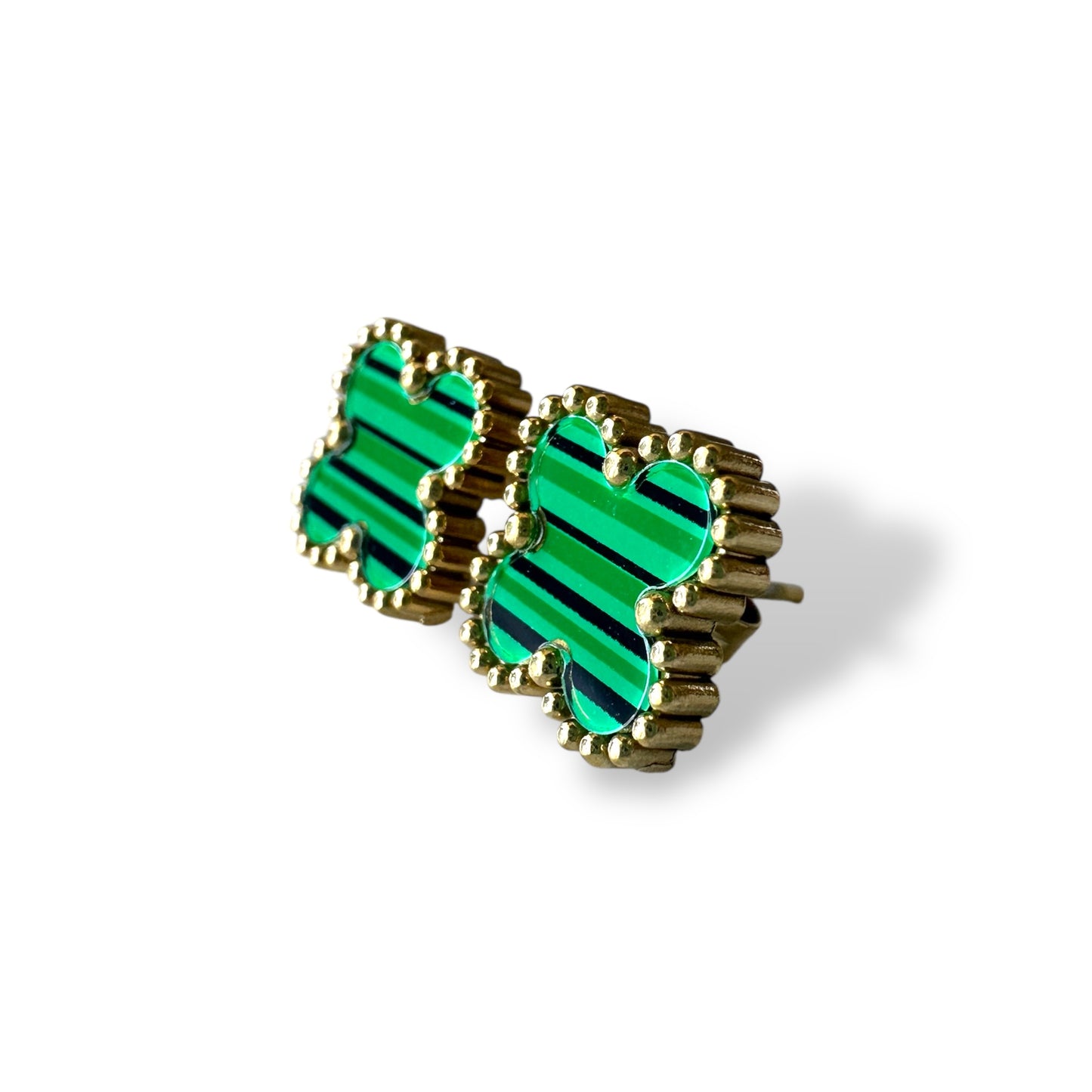 Yeşil Çizgili Yonca Altın Küpe