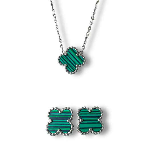 Yeşil Siyah Çizgili Yonca Gümüş Set