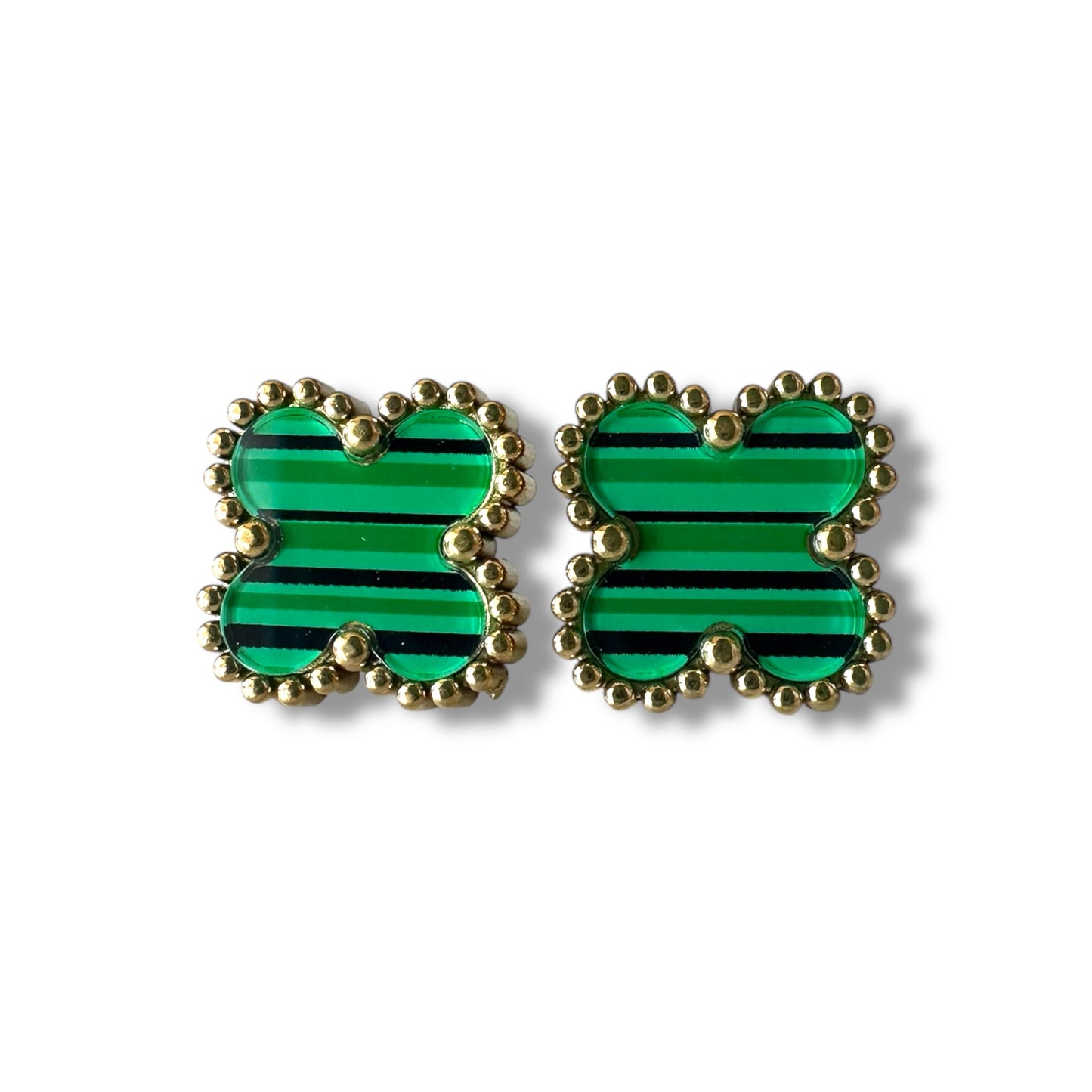 Yeşil Çizgili Yonca Altın Küpe