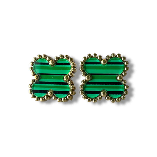 Yeşil Çizgili Yonca Altın Küpe